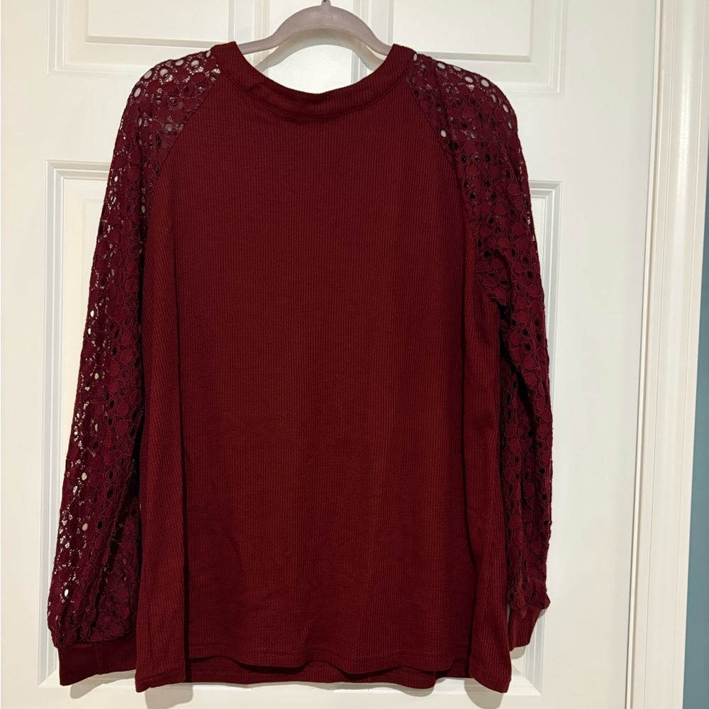 Burgundy Lace Sleeve Blouse with Relaxed Fit